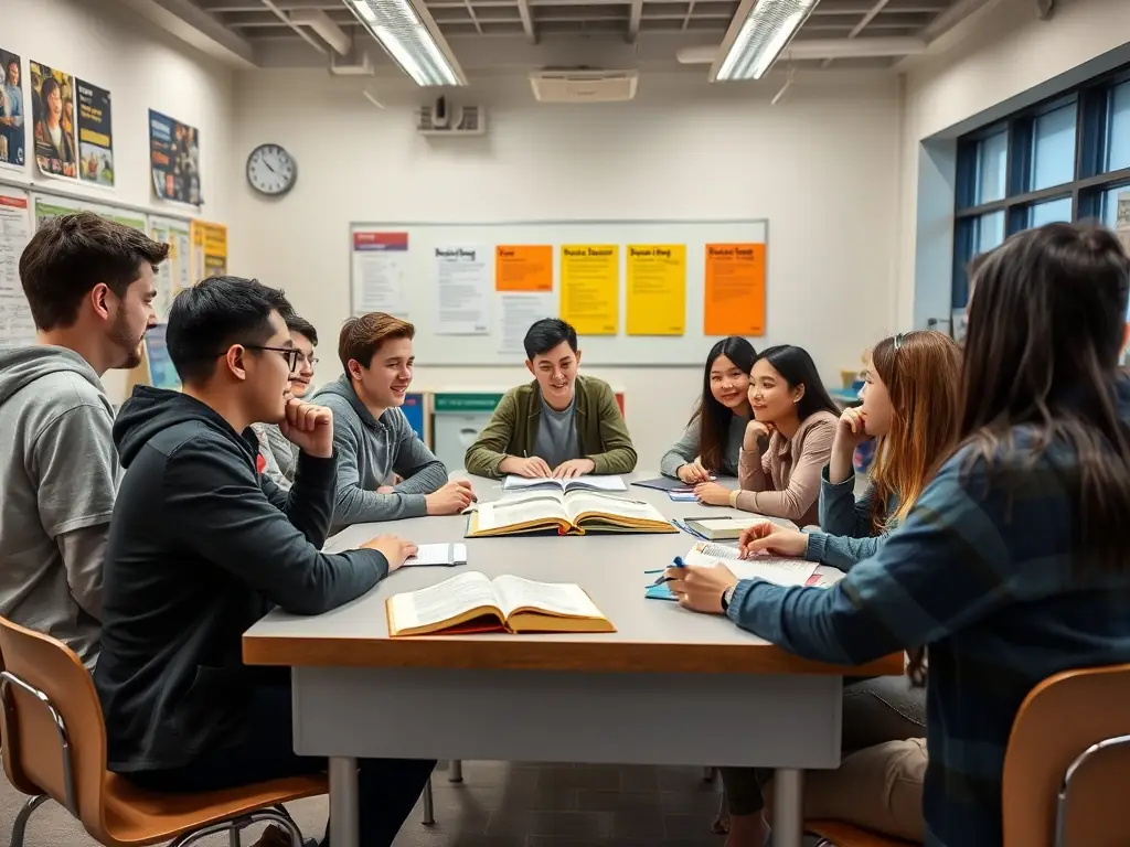 A group of teenagers participating in a book club discussion, with books spread out on a table and engaged in a lively conversation.
