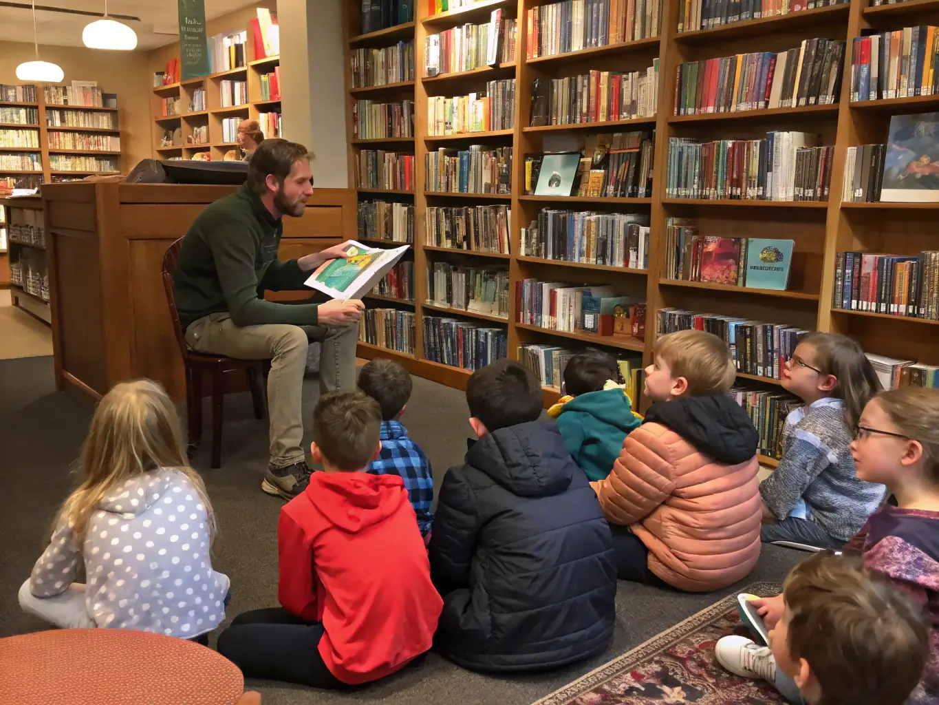 A vibrant image of children participating in a storytelling session at a local library, surrounded by colorful books and engaging with the storyteller.
