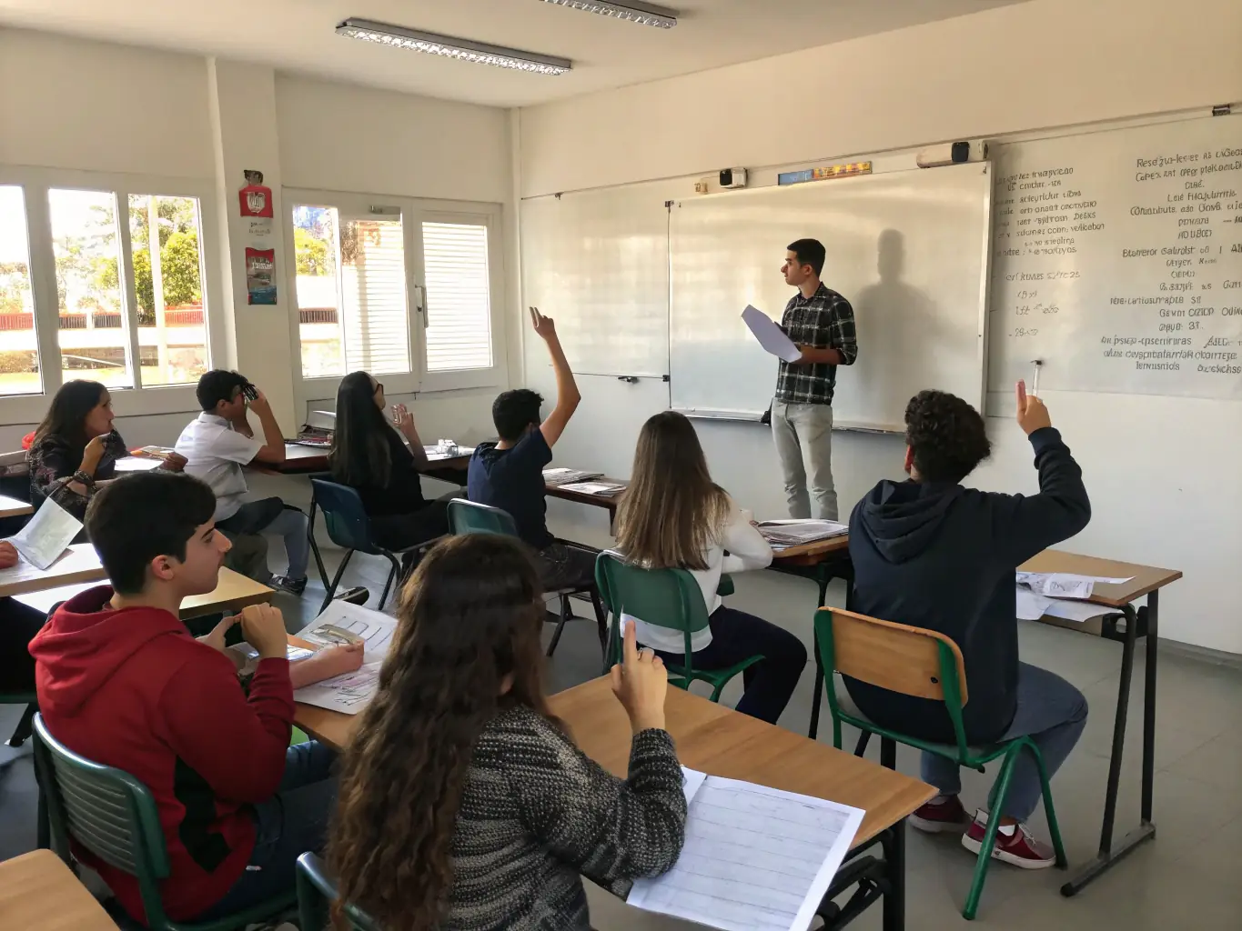 An adult literacy workshop in progress, with participants working on reading and writing exercises, guided by an instructor.